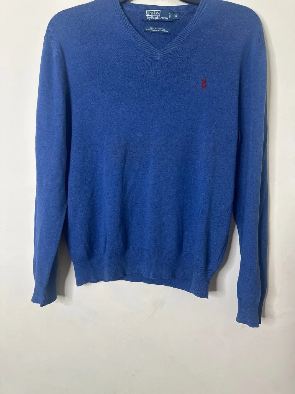 Polo Ralph Lauren Mens Size M Blue Pima Cotton V-Neck Long Sleeve Sweater t